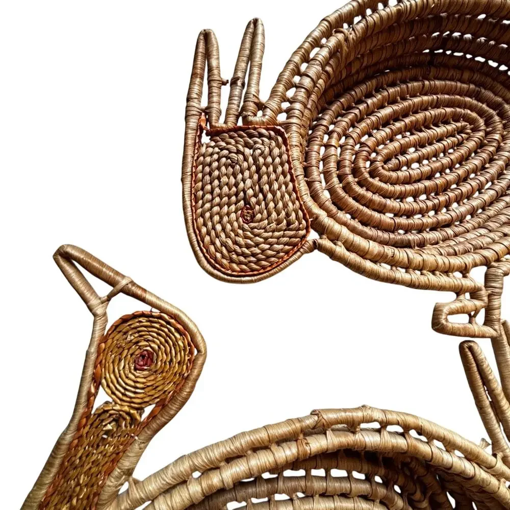 Two Gullah style handmade shaped shallow woven baskets Bunny & Turkey theme